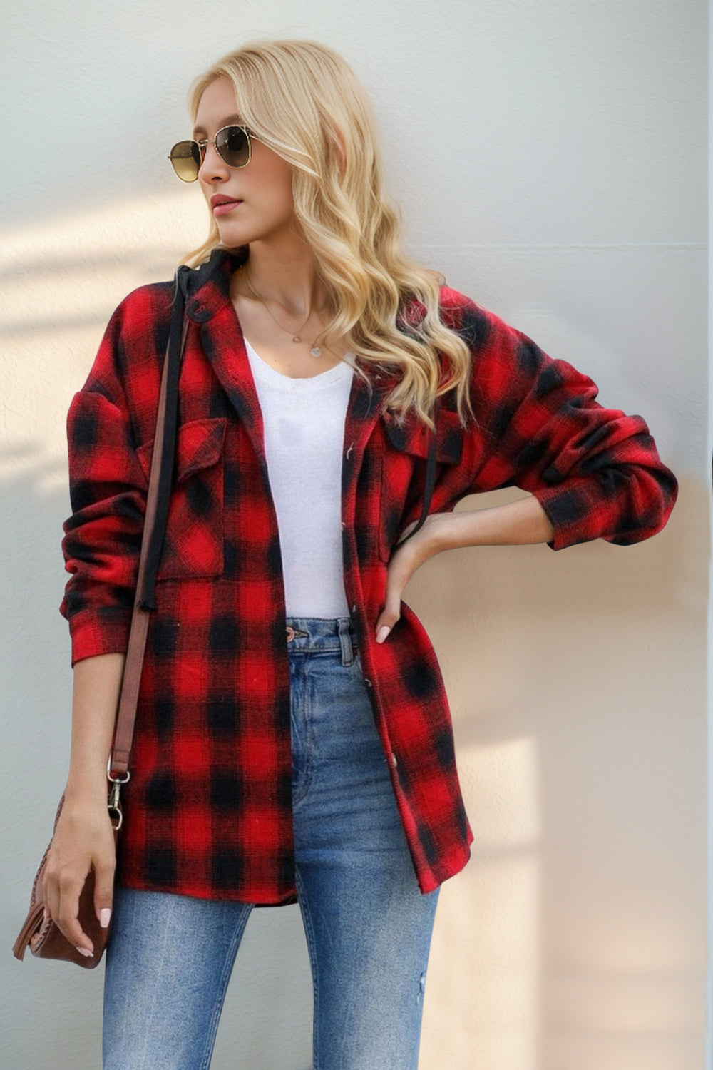 The Bouncing Doodle Drawstring Plaid Long Sleeve Hooded Shacket
