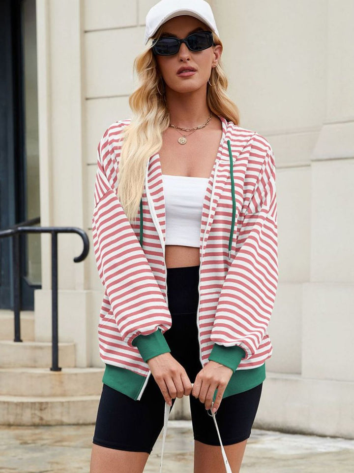 The Bouncing Doodle Drawstring Striped Zip Up Long Sleeve Hoodie