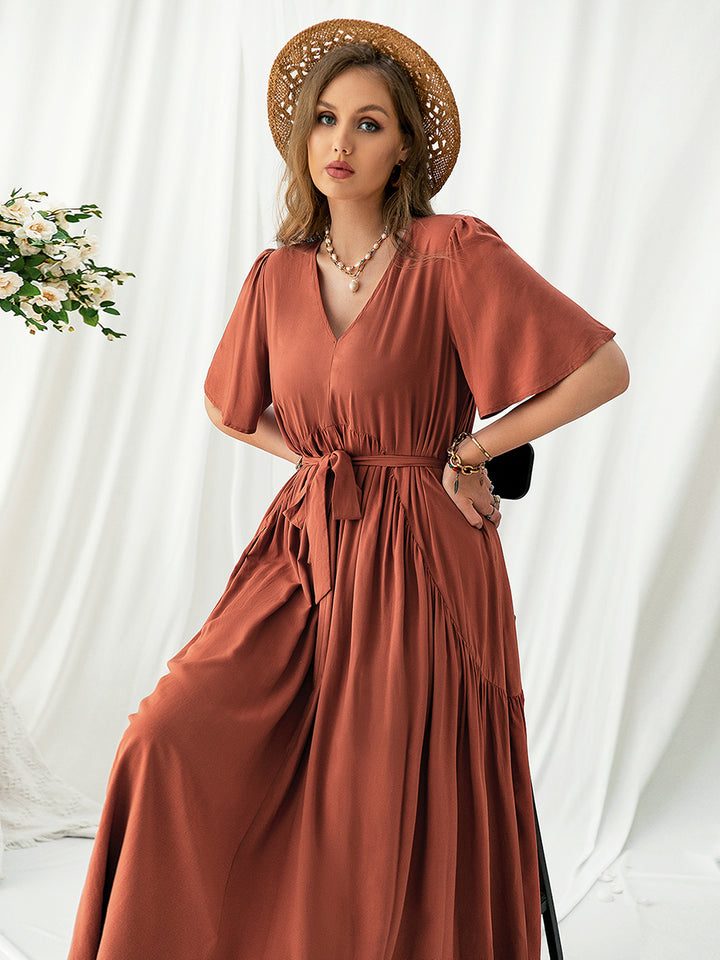 Bouncing Doodle V-Neck Flutter Sleeve Midi Dress