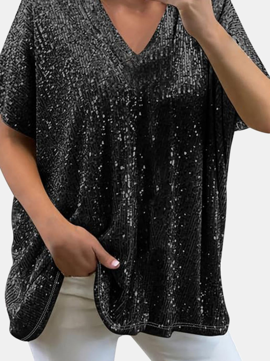 Bouncing Doodle Sequin V-Neck Short Sleeve Top