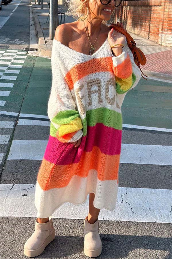 Bouncing Doodle Color Block V-Neck Long Sleeve Sweater Dress
