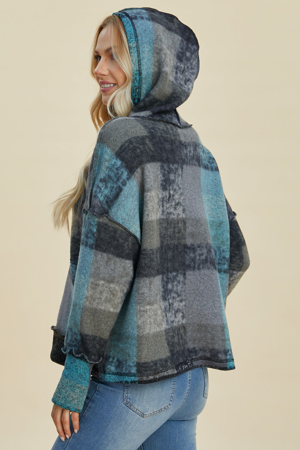 The Bouncing Doodle Plaid Dropped Shoulder Hoodie
