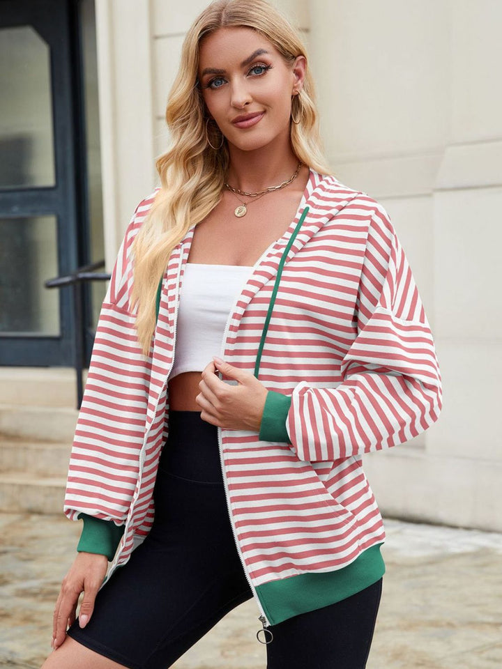 The Bouncing Doodle Drawstring Striped Zip Up Long Sleeve Hoodie