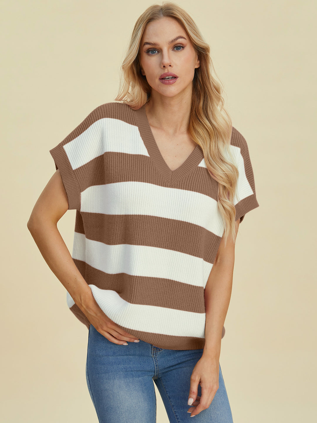 The Bouncing Doodle Striped V-Neck Short Sleeve Sweater