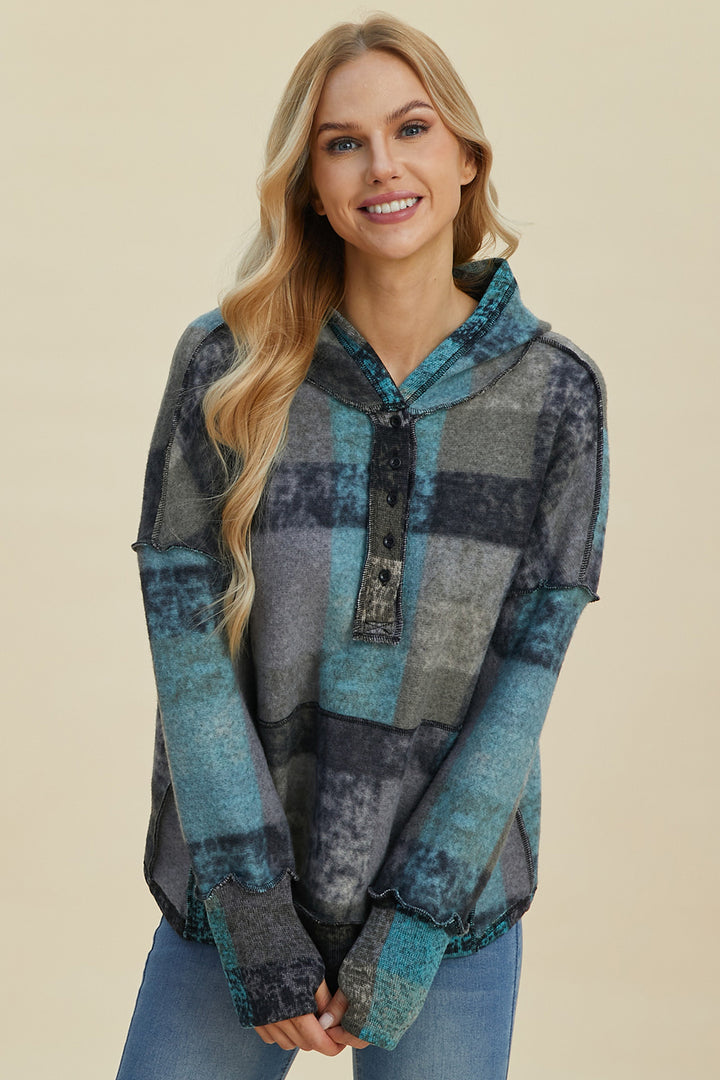 The Bouncing Doodle Plaid Dropped Shoulder Hoodie