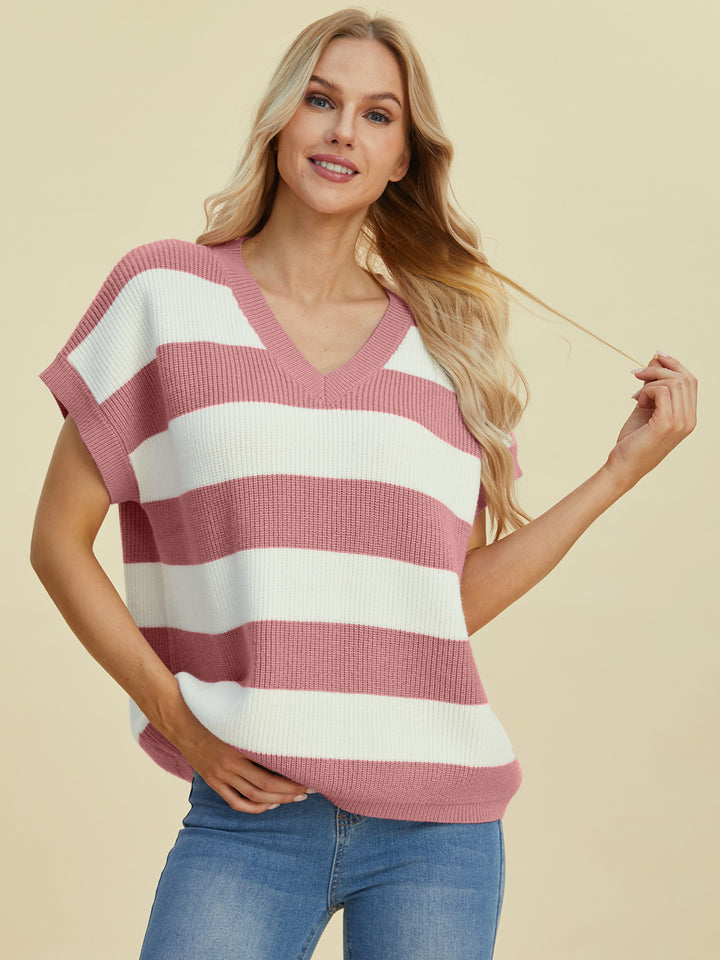 The Bouncing Doodle Striped V-Neck Short Sleeve Sweater