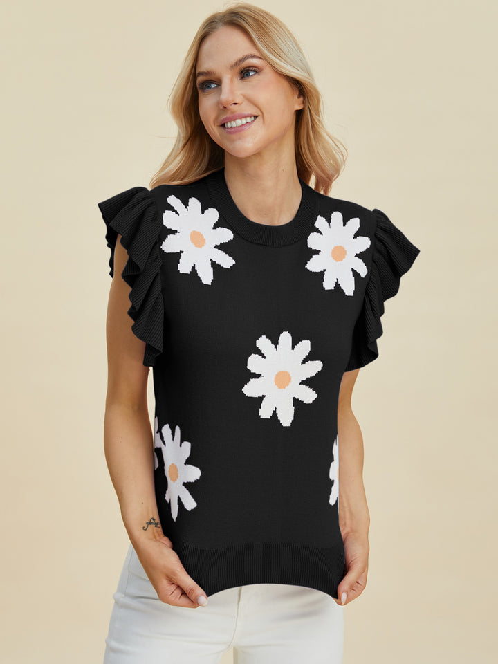 The Bouncing Doodle Ruffled Flower Round Neck Cap Sleeve Sweater