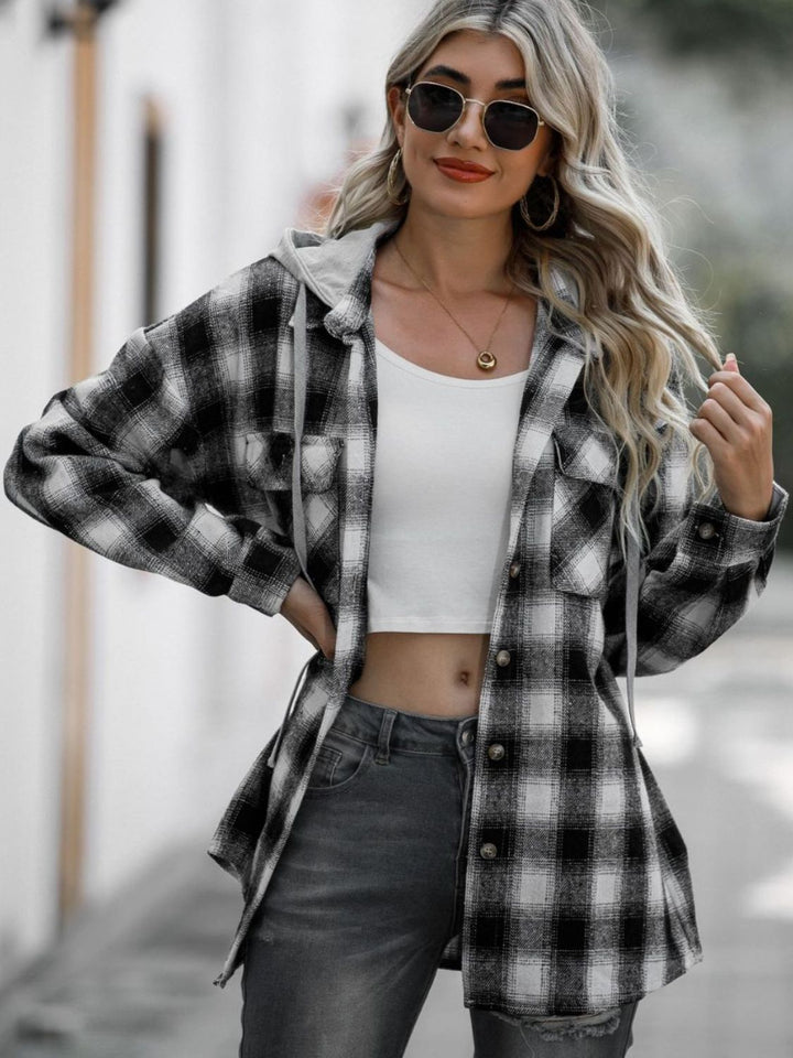 The Bouncing Doodle Drawstring Plaid Long Sleeve Hooded Shacket