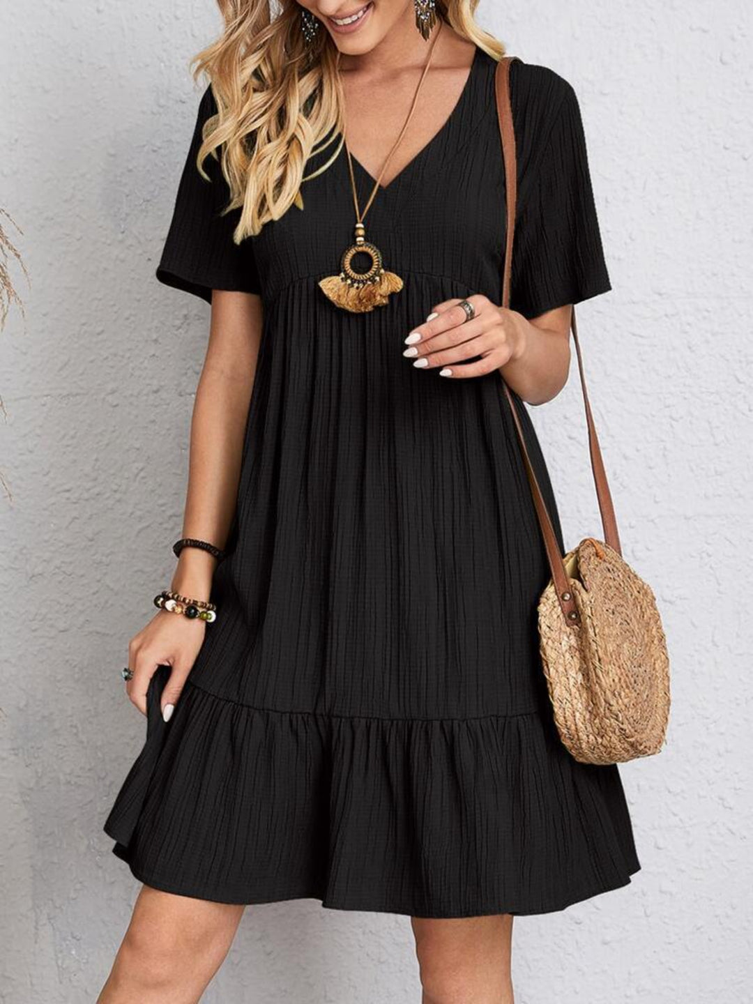 Bouncing Doodle V-Neck Short Sleeve Dress