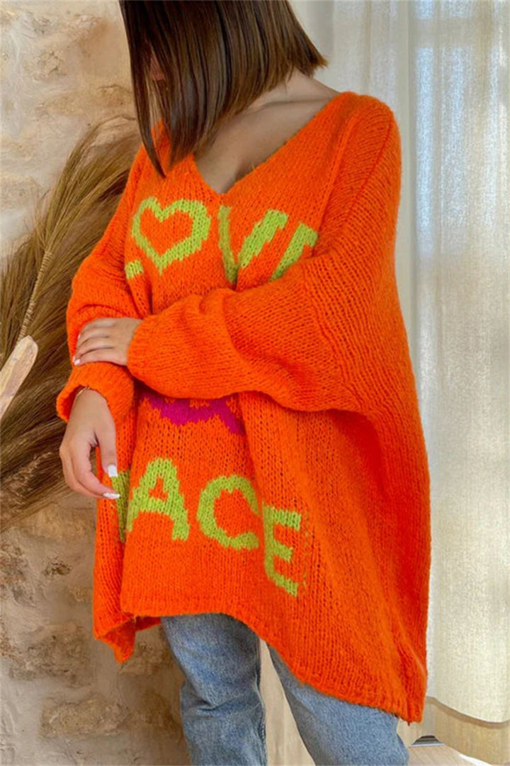 Bouncing Doodle Peace Graphic V-Neck Long Sleeve Sweater