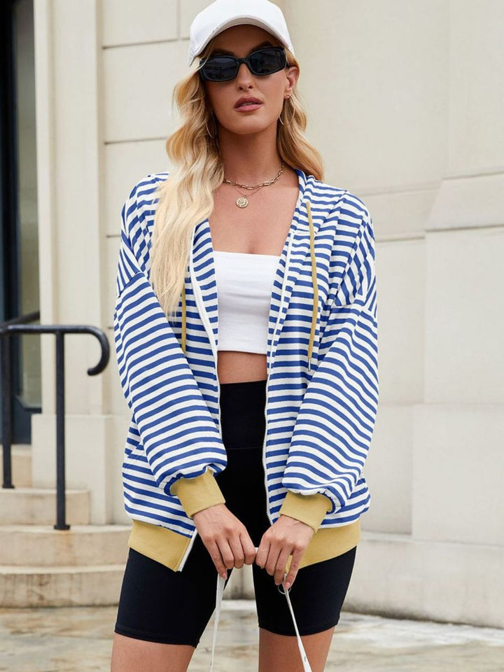 The Bouncing Doodle Drawstring Striped Zip Up Long Sleeve Hoodie
