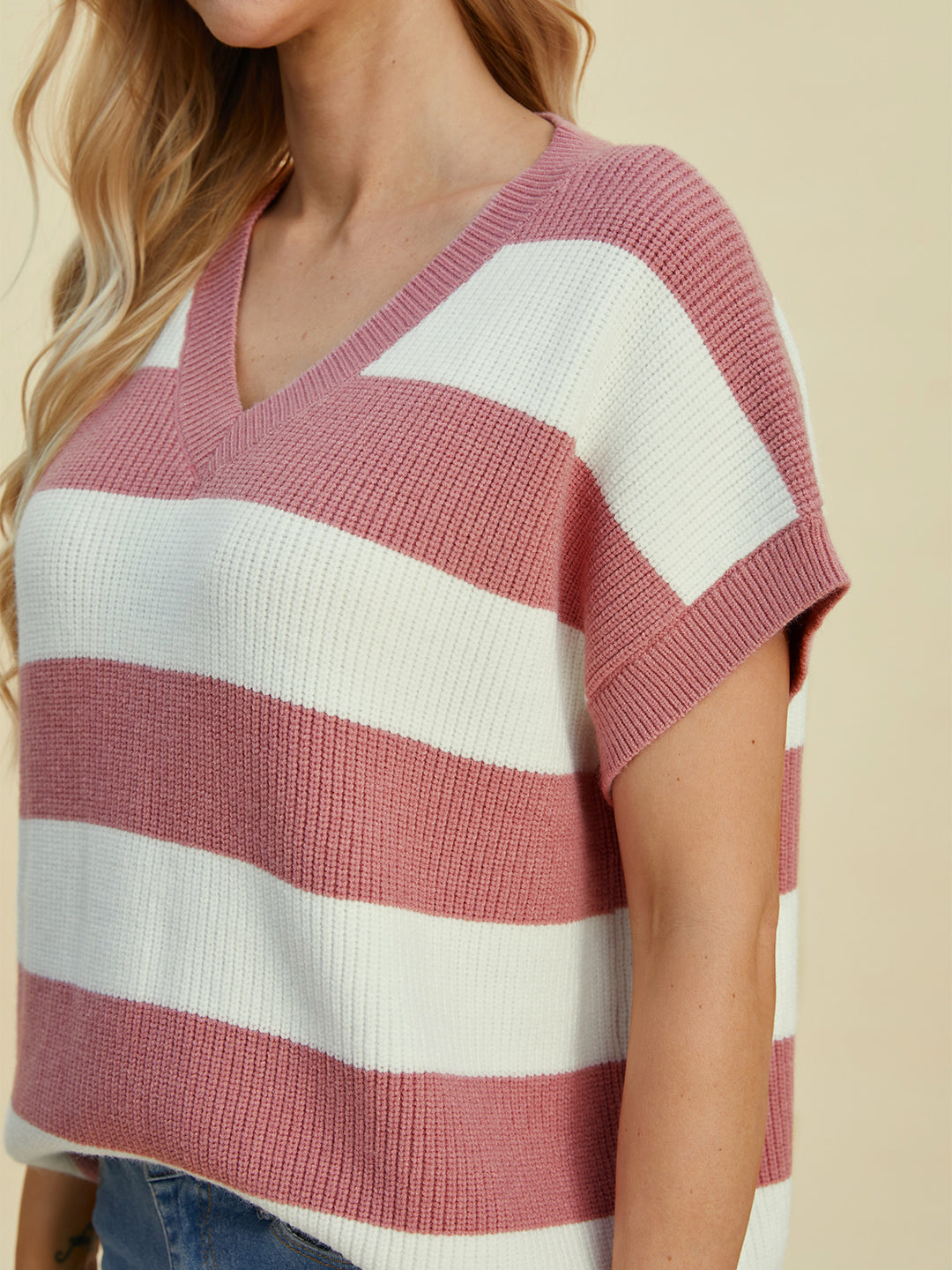 The Bouncing Doodle Striped V-Neck Short Sleeve Sweater
