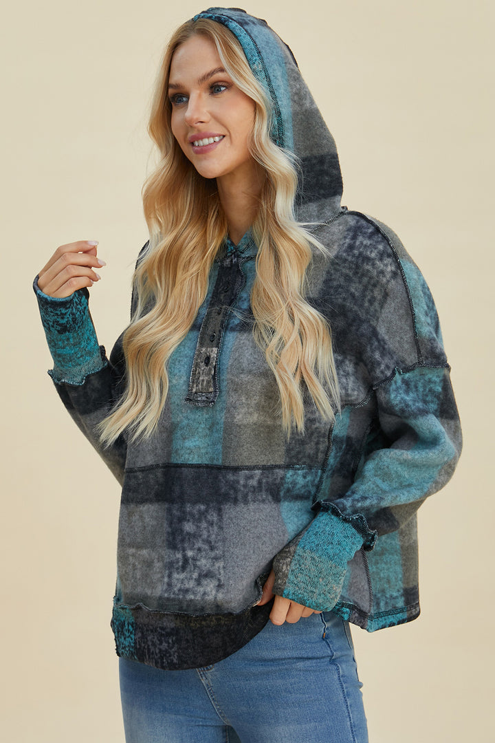 The Bouncing Doodle Plaid Dropped Shoulder Hoodie