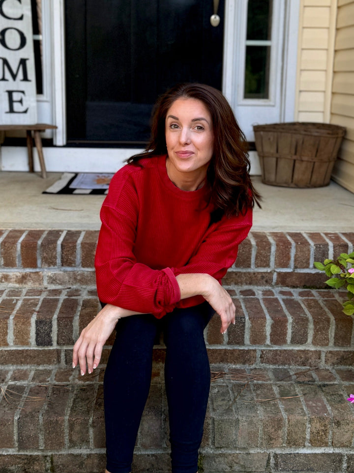 CRIMSON ROUNDED BOTTOM Cozy Cord Crew Sweatshirt