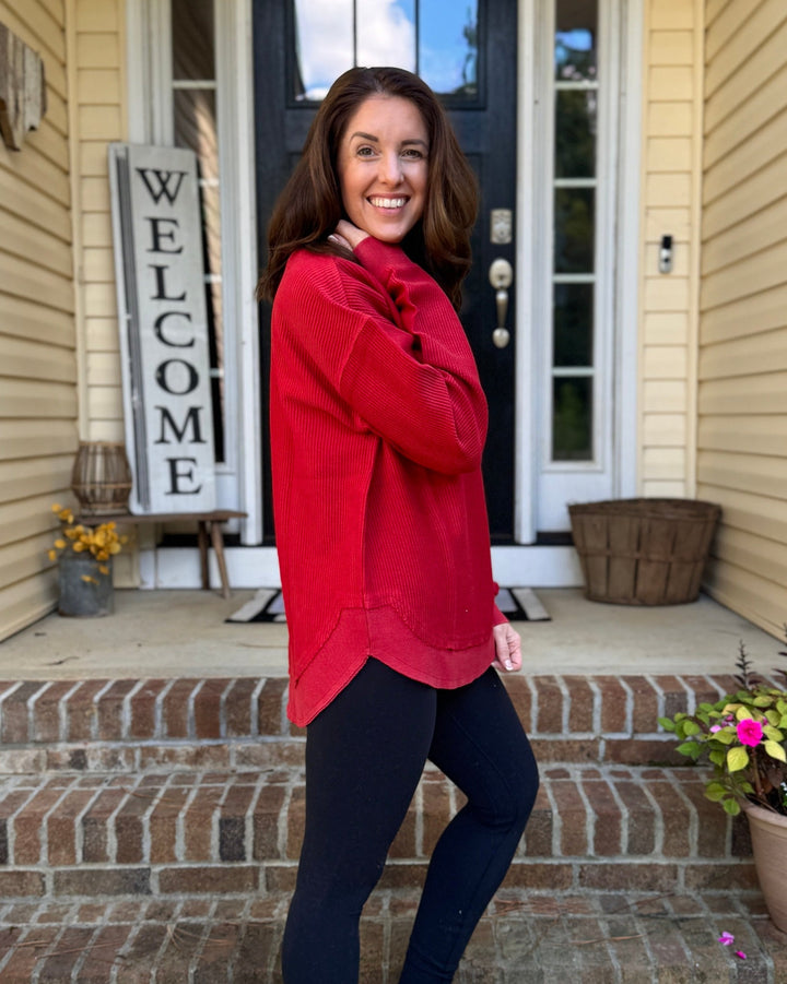 CRIMSON ROUNDED BOTTOM Cozy Cord Crew Sweatshirt