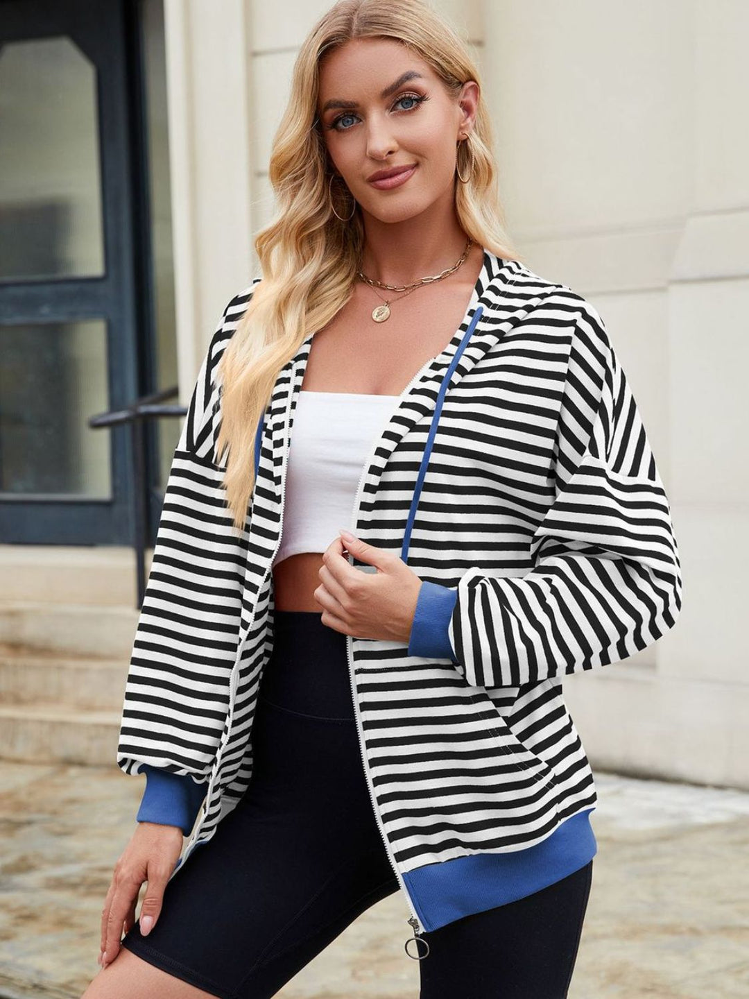 The Bouncing Doodle Drawstring Striped Zip Up Long Sleeve Hoodie