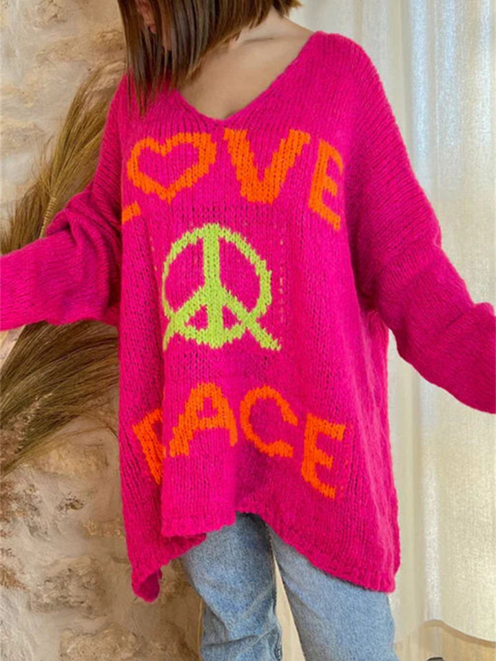 Bouncing Doodle Peace Graphic V-Neck Long Sleeve Sweater