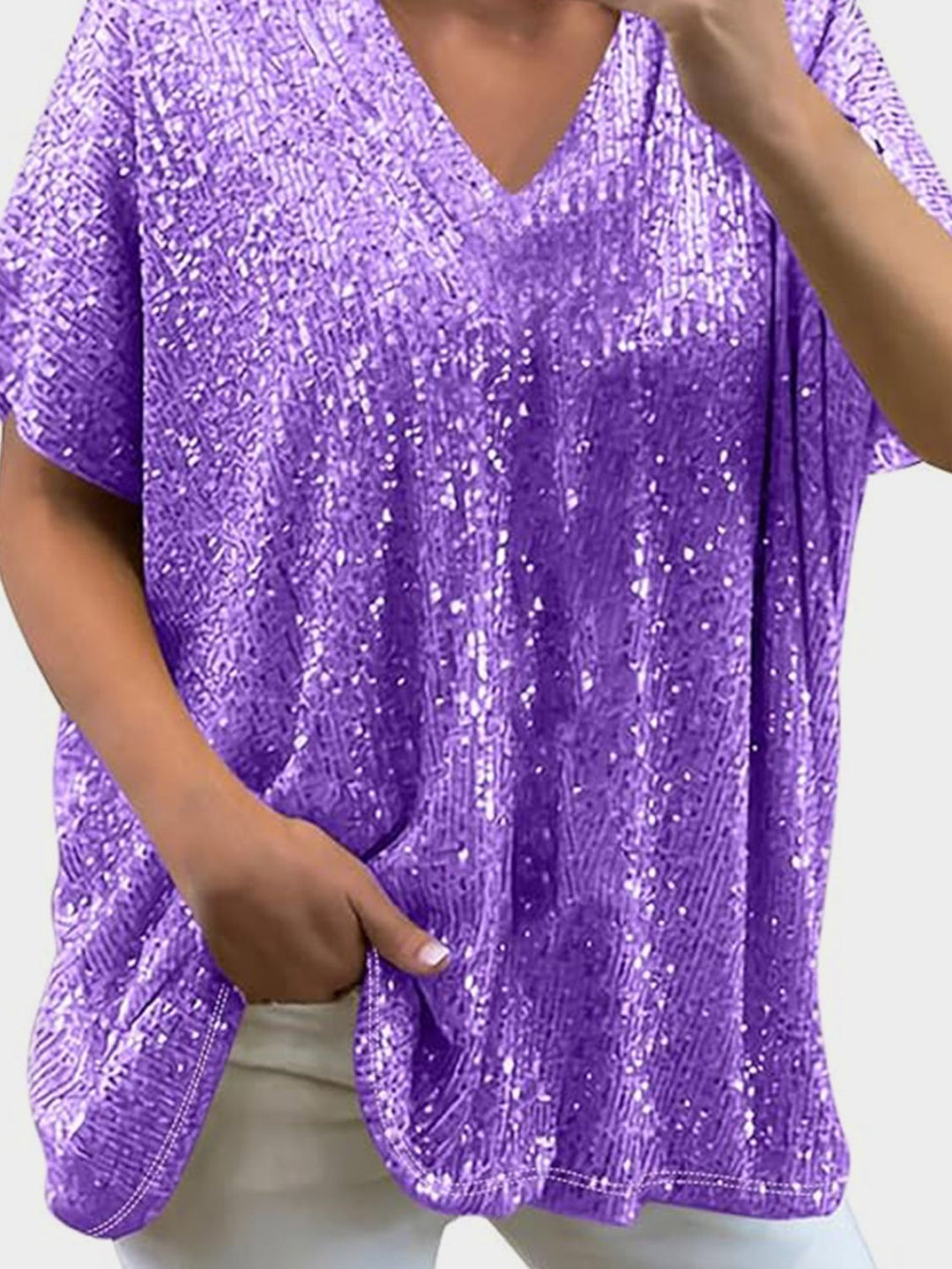 Bouncing Doodle Sequin V-Neck Short Sleeve Top