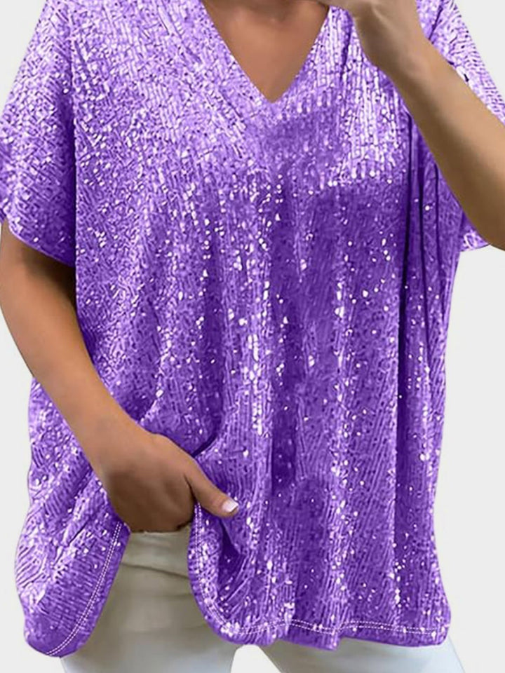 Bouncing Doodle Sequin V-Neck Short Sleeve Top