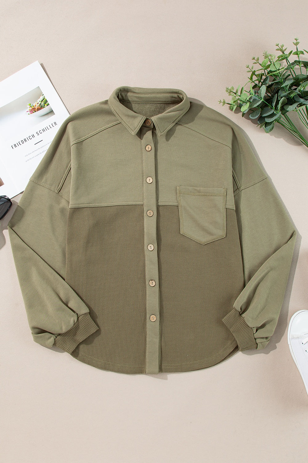 The Bouncing Doodle Waffle-Knit Collared Neck Long Sleeve Shacket
