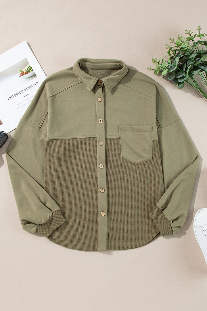 The Bouncing Doodle Waffle-Knit Collared Neck Long Sleeve Shacket