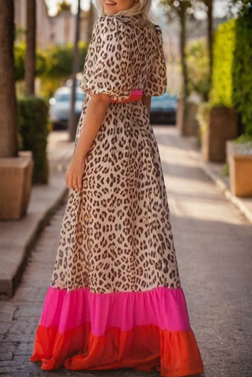 Bouncing Doodle Leopard V-Neck Half Sleeve Maxi Dress