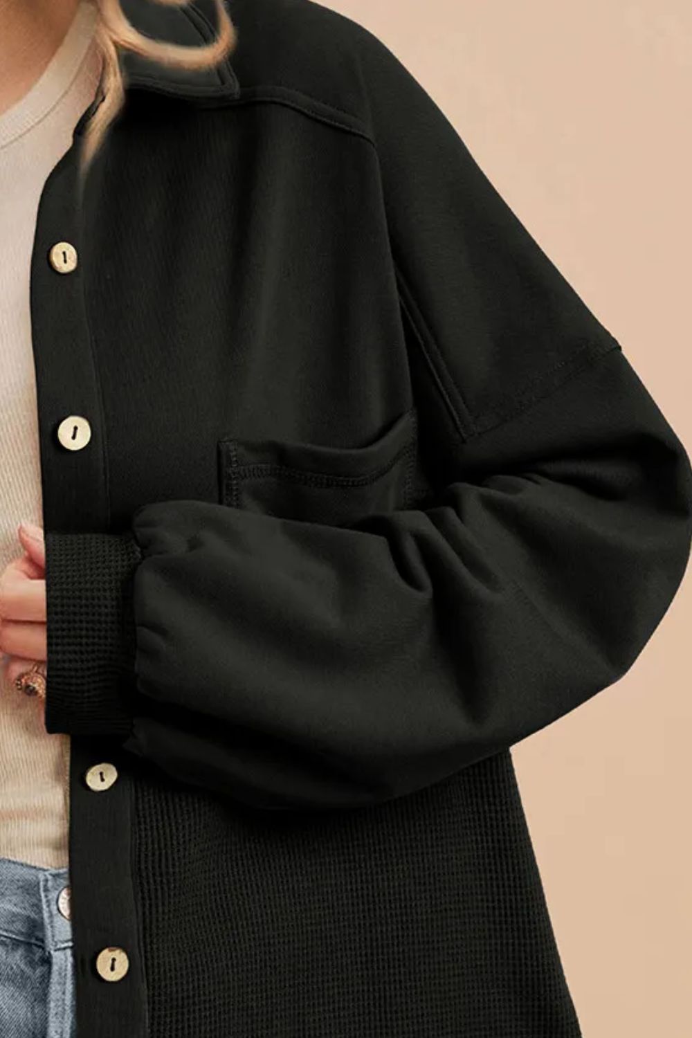 The Bouncing Doodle Waffle-Knit Collared Neck Long Sleeve Shacket