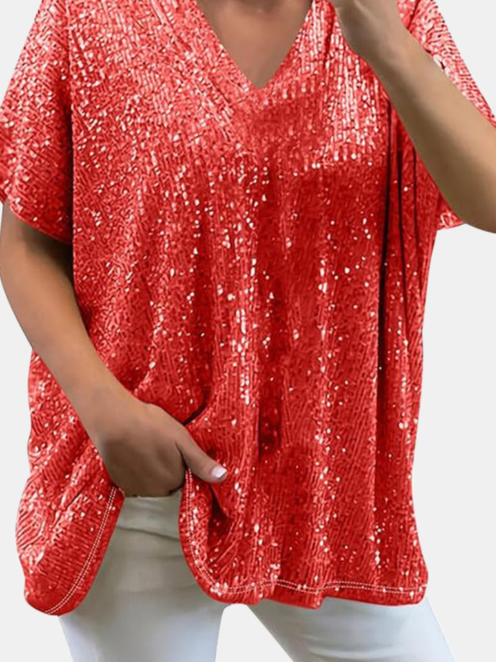 Bouncing Doodle Sequin V-Neck Short Sleeve Top