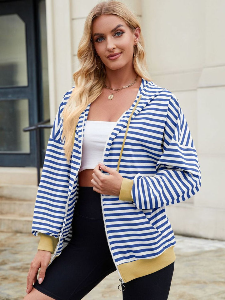 The Bouncing Doodle Drawstring Striped Zip Up Long Sleeve Hoodie