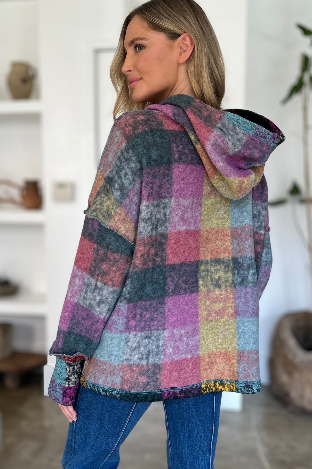 The Bouncing Doodle Plaid Dropped Shoulder Hoodie