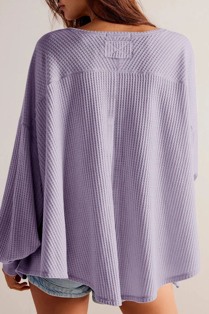 The Bouncing Doodle Waffle-Knit V-Neck Long Sleeve Top