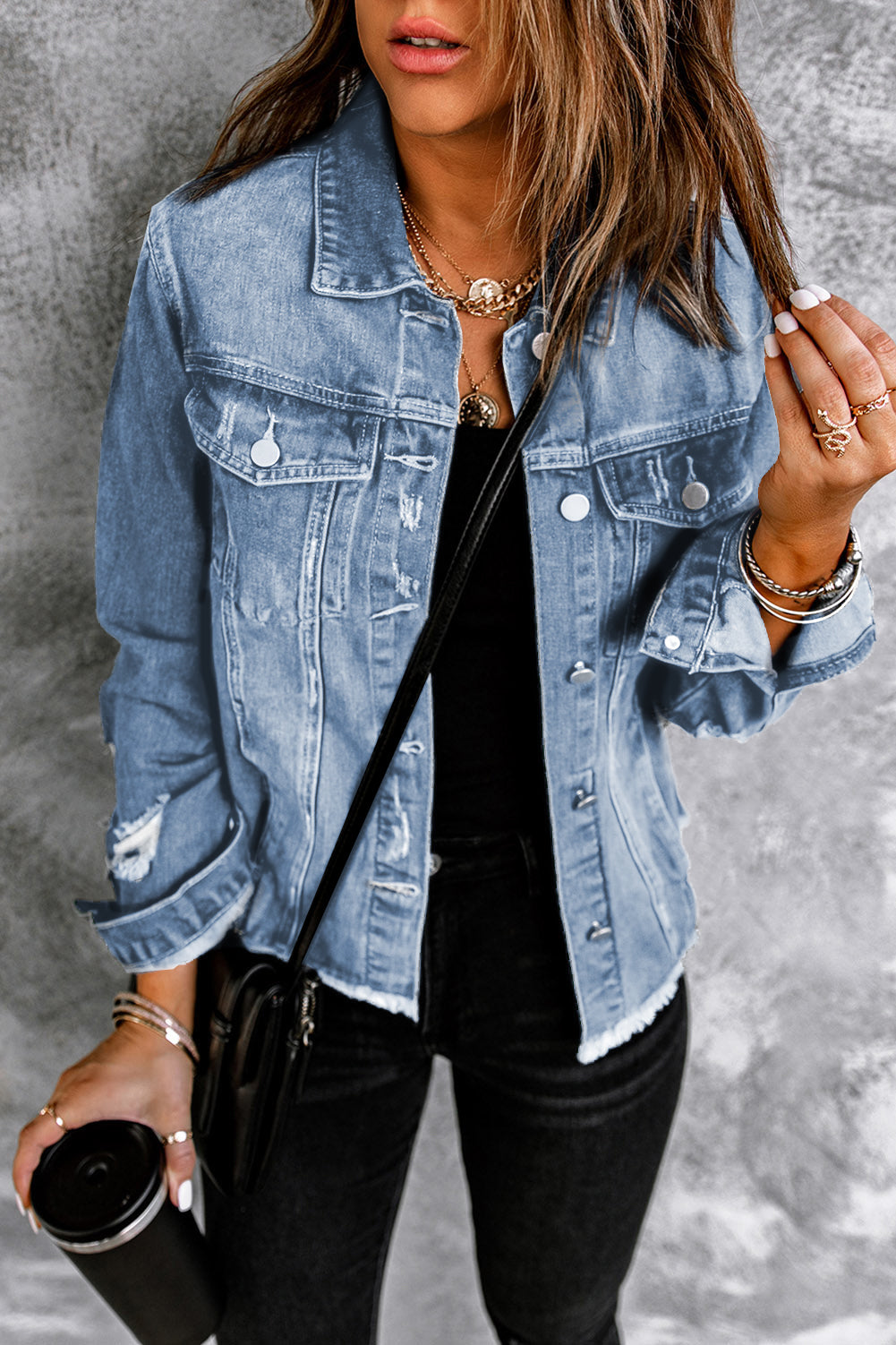 Bouncing Doodle Distressed Raw Hem Denim Jacket