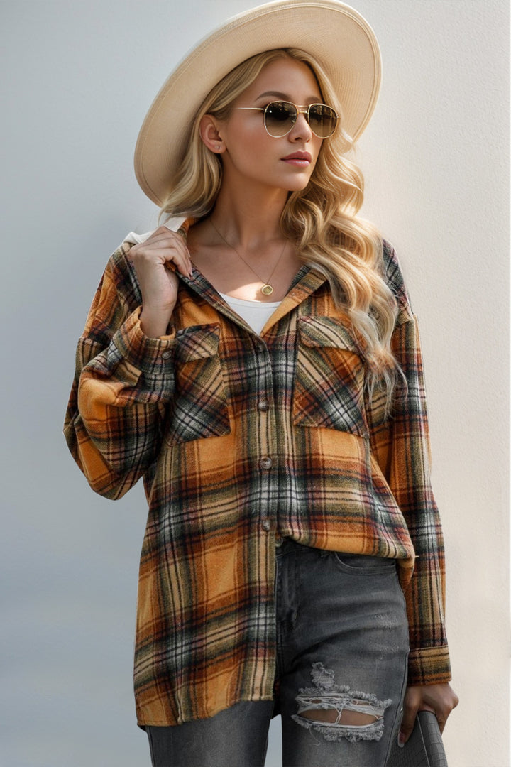 The Bouncing Doodle Drawstring Plaid Long Sleeve Hooded Shacket