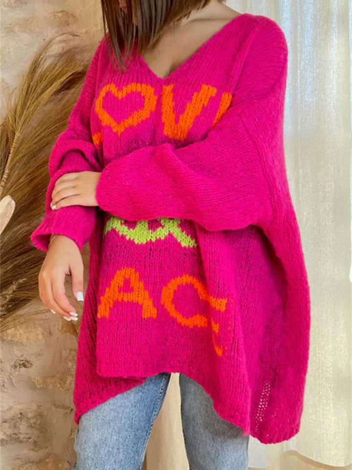 Bouncing Doodle Peace Graphic V-Neck Long Sleeve Sweater