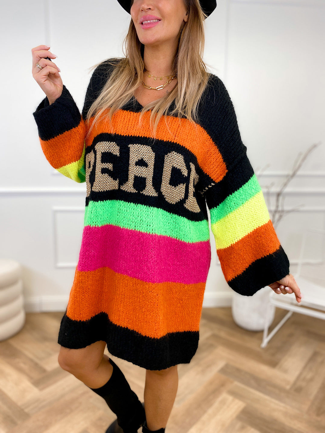 Bouncing Doodle Color Block V-Neck Long Sleeve Sweater Dress