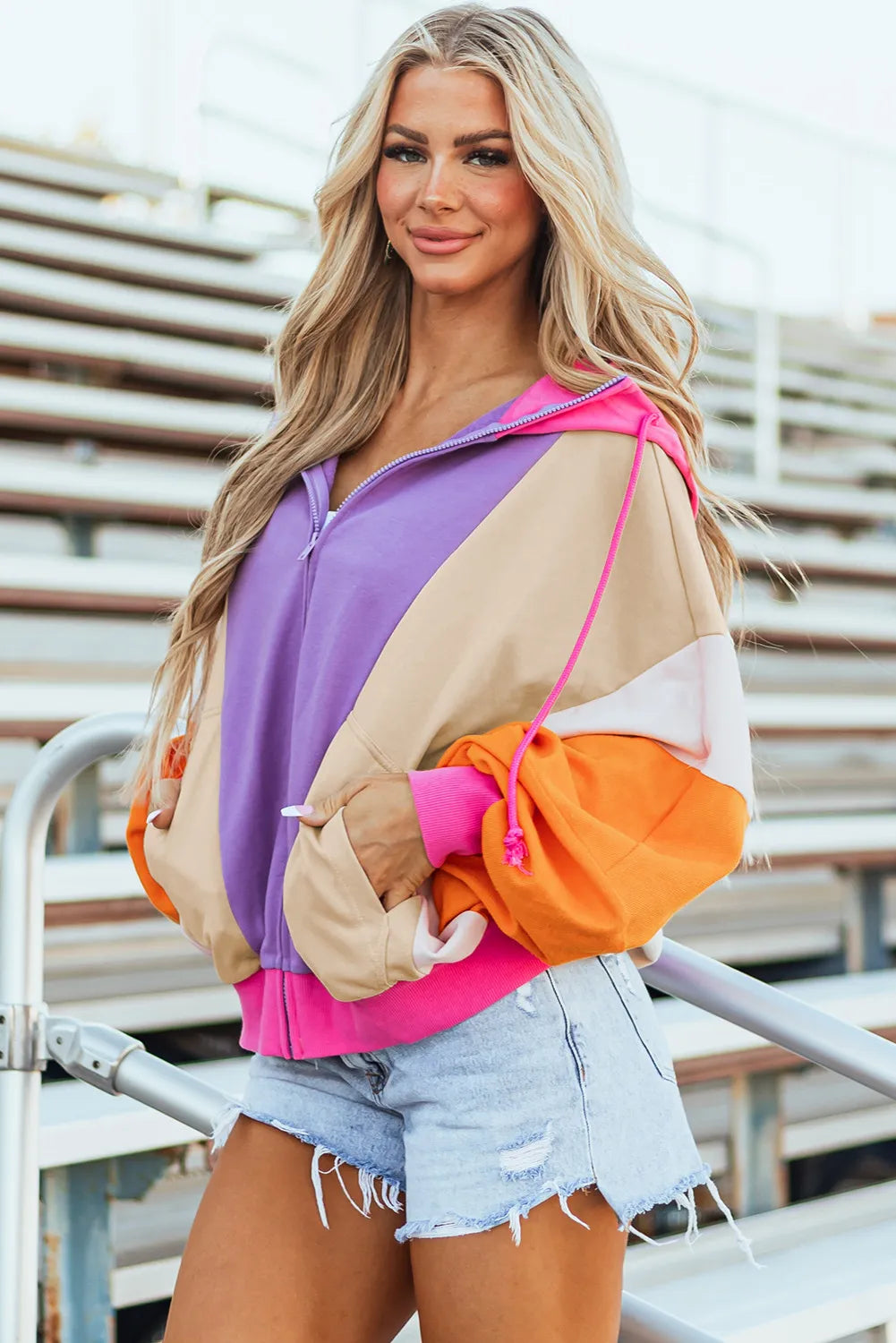 The Bouncing Doodle Color Block Zip Up Long Sleeve Hoodie