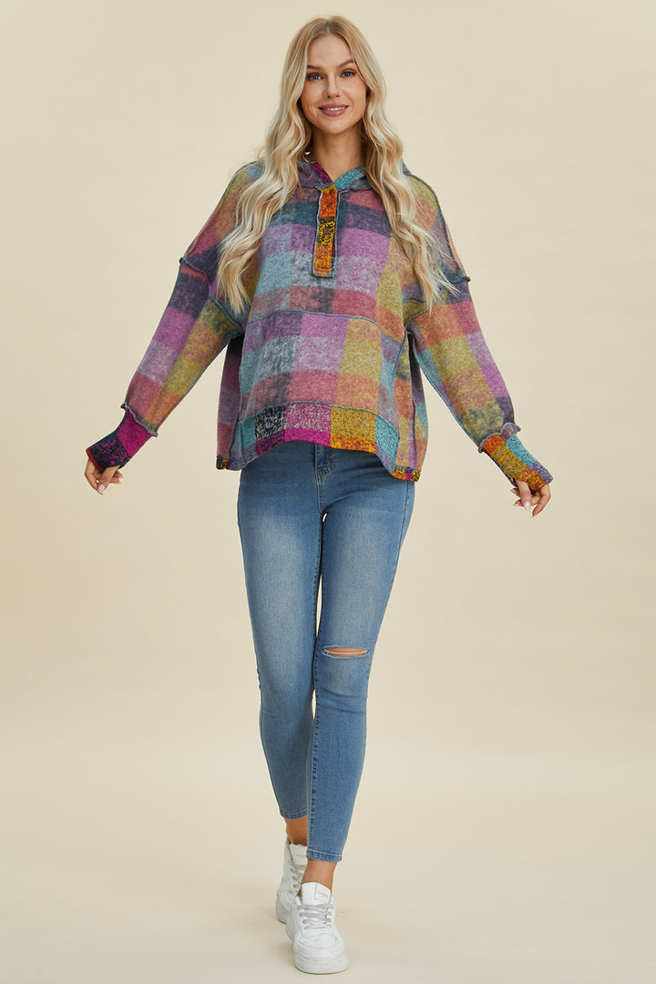 The Bouncing Doodle Plaid Dropped Shoulder Hoodie