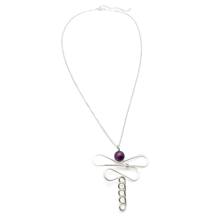 Damsel silver dragonfly and purple tigers eye necklace