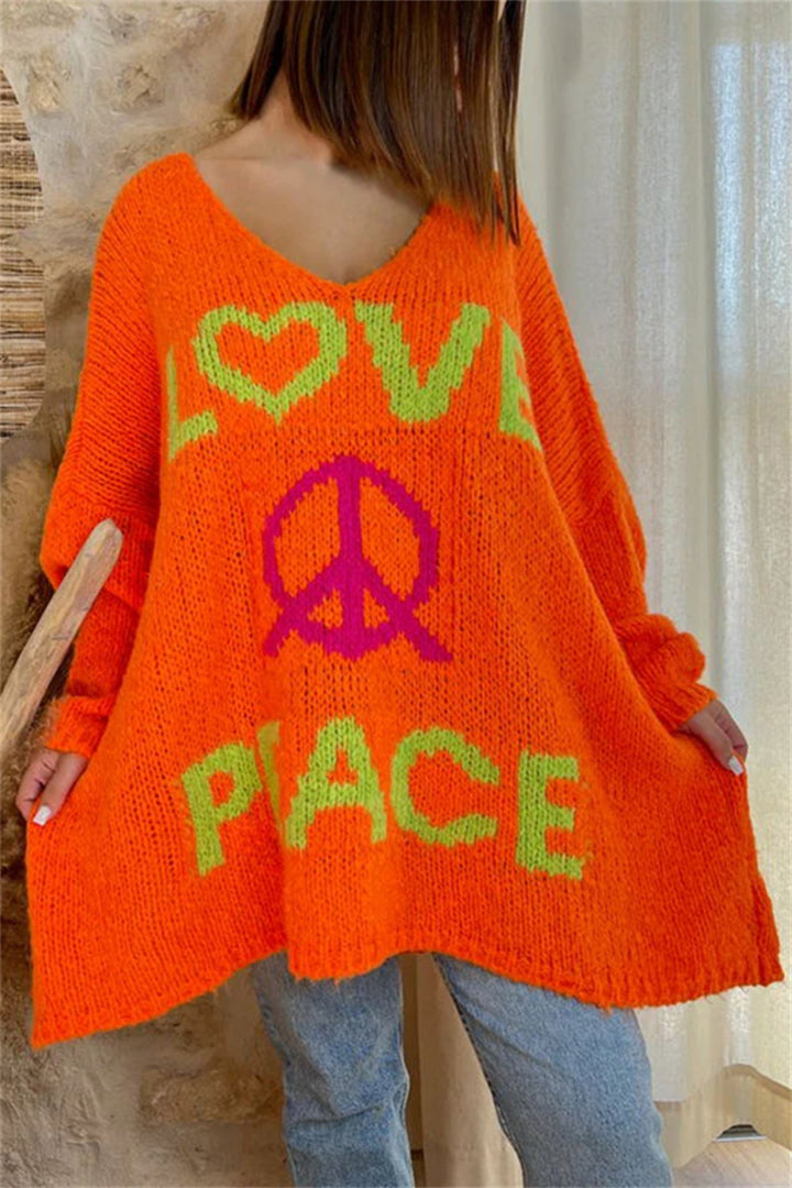 Bouncing Doodle Peace Graphic V-Neck Long Sleeve Sweater
