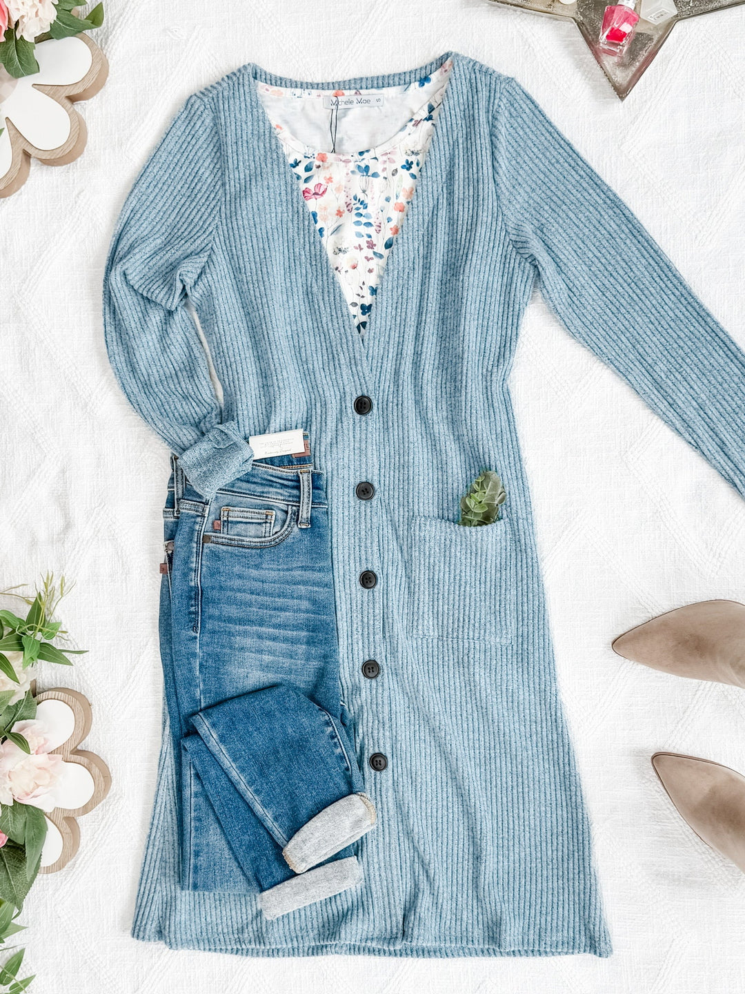 IN STOCK Colbie Ribbed Cardigan - Dusty Blue