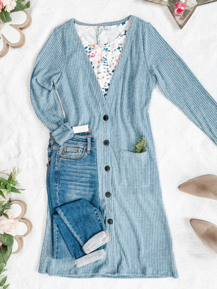 IN STOCK Colbie Ribbed Cardigan - Dusty Blue