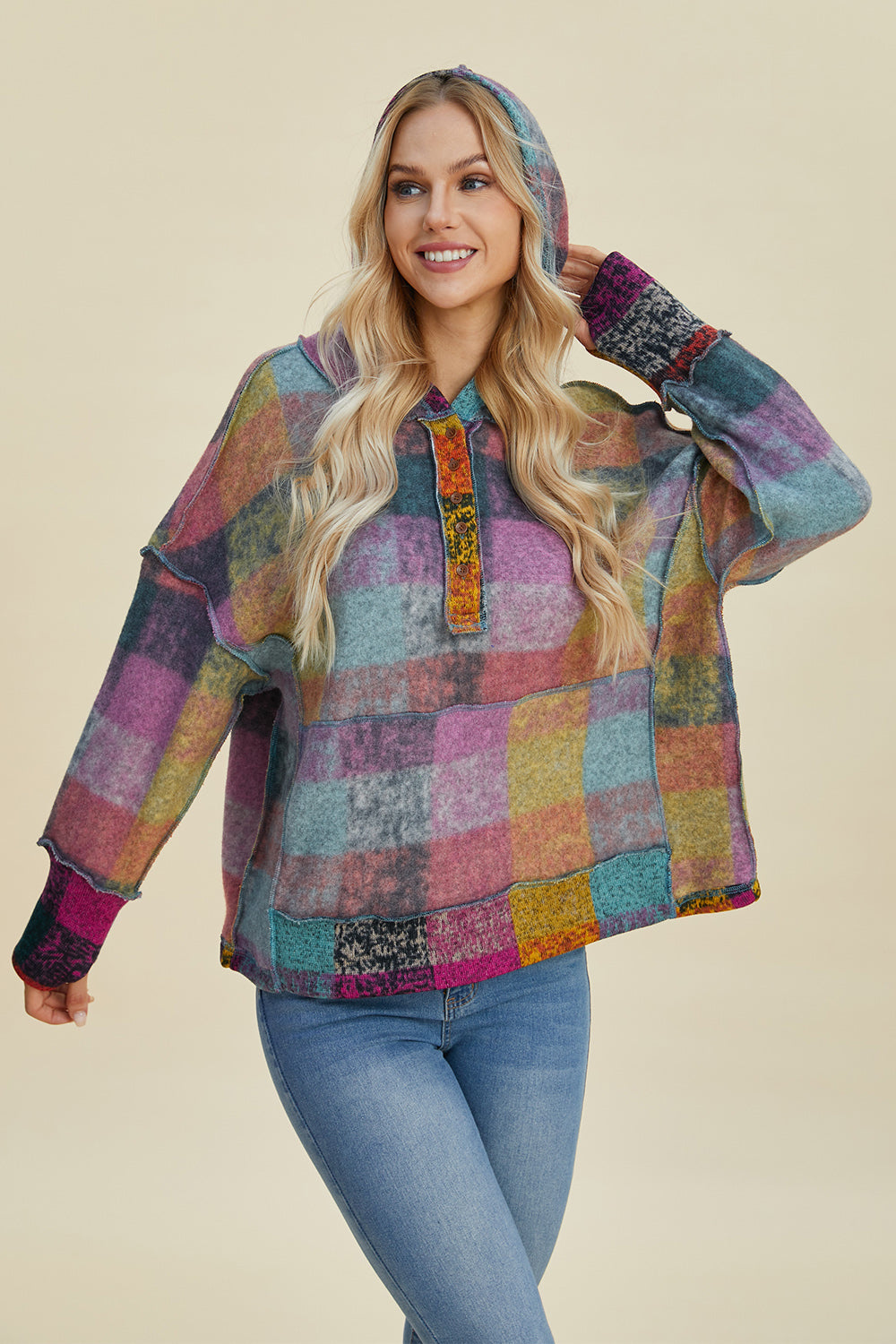 The Bouncing Doodle Plaid Dropped Shoulder Hoodie