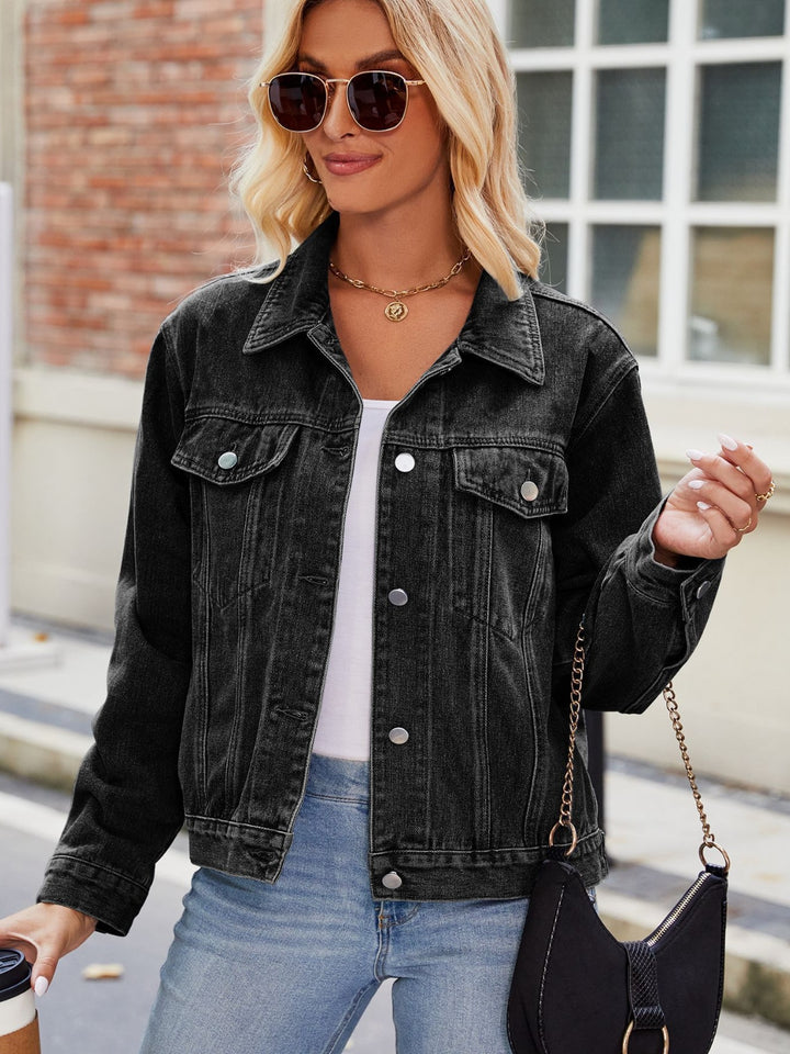 Bouncing Doodle Pocketed Collared Neck Denim Jacket