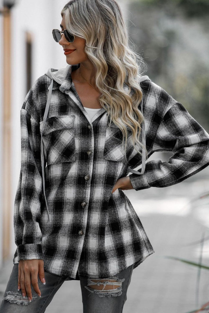 The Bouncing Doodle Drawstring Plaid Long Sleeve Hooded Shacket