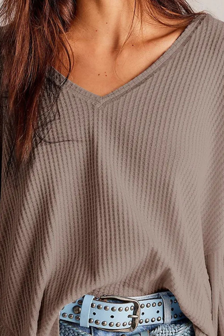 The Bouncing Doodle Waffle-Knit V-Neck Long Sleeve Top