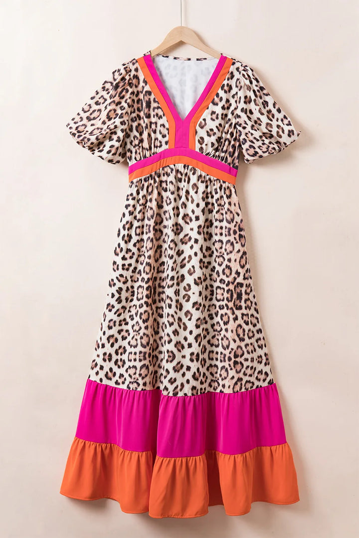 Bouncing Doodle Leopard V-Neck Half Sleeve Maxi Dress