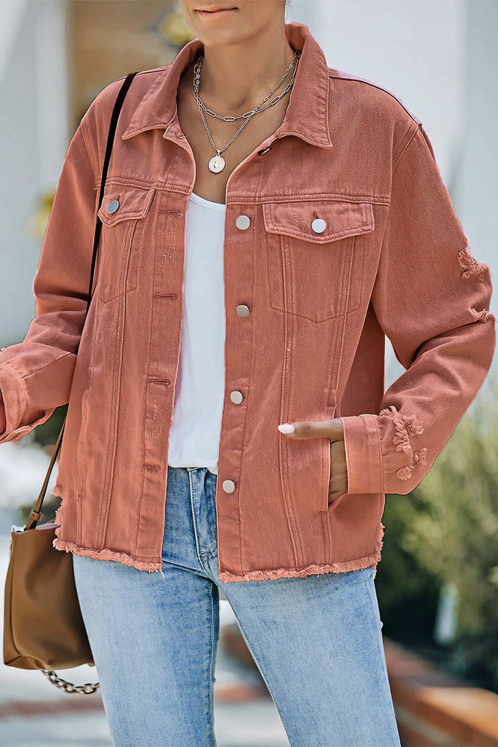 Bouncing Doodle Distressed Raw Hem Denim Jacket