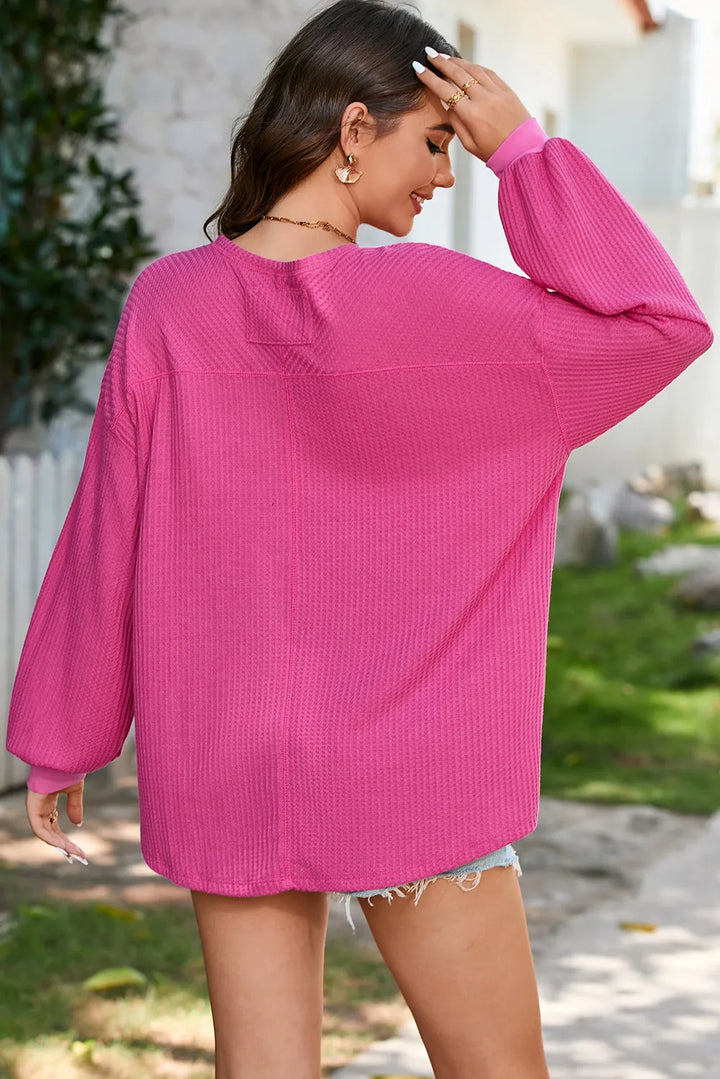 The Bouncing Doodle Waffle-Knit V-Neck Long Sleeve Top