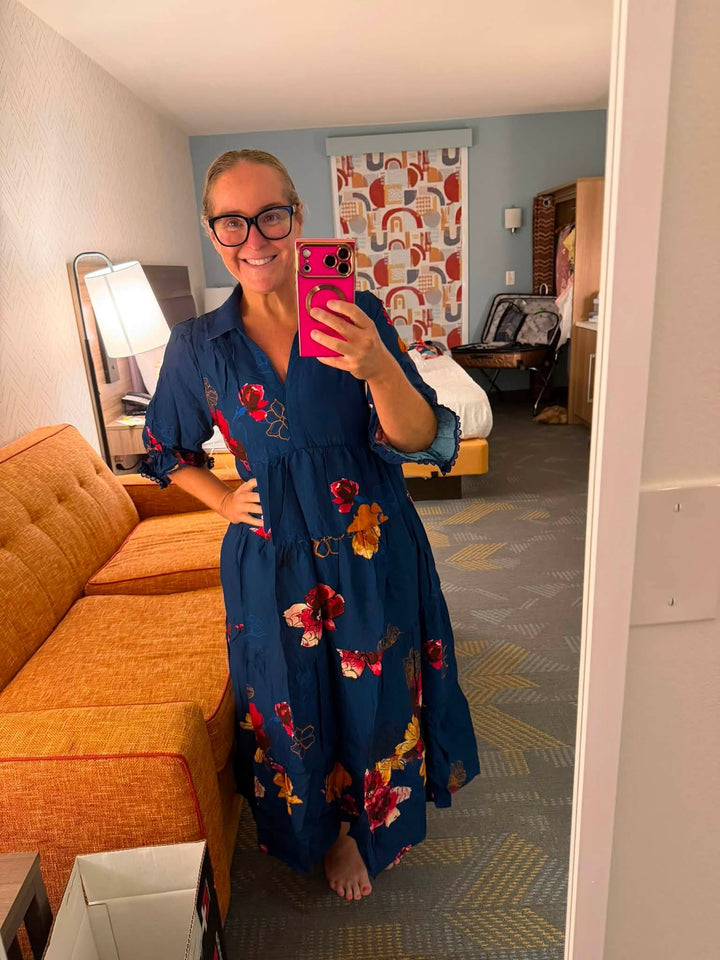 Umgee Floral Print Tiered Midi Dress with Puff Sleeves
