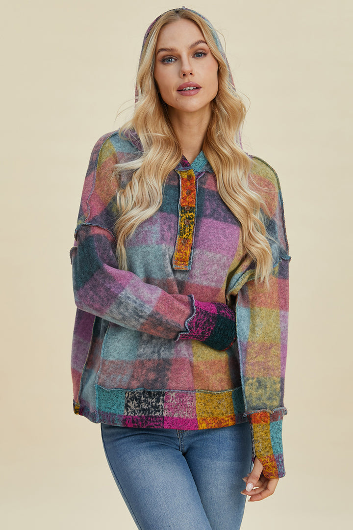 The Bouncing Doodle Plaid Dropped Shoulder Hoodie